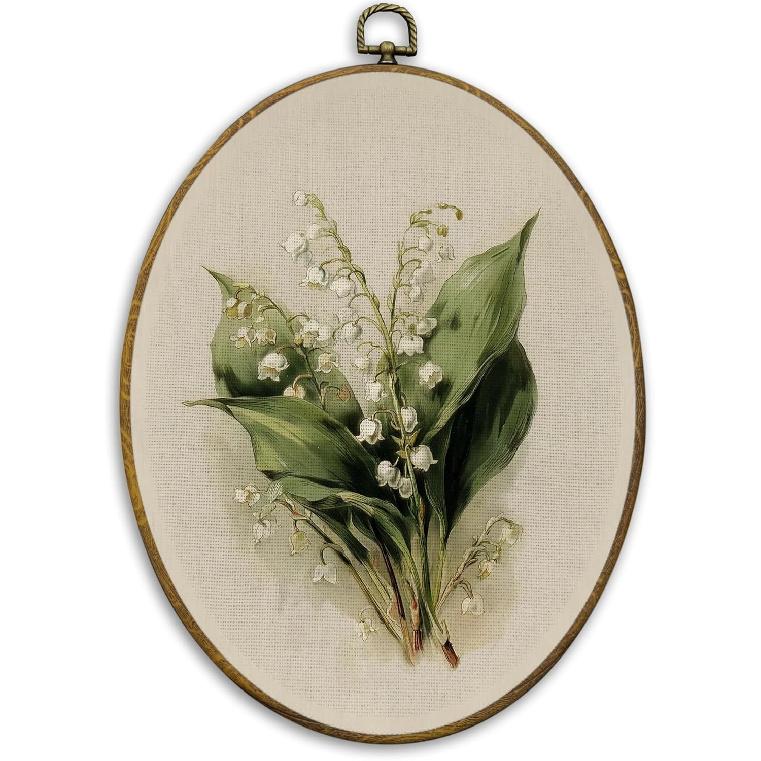 CUANFDDSF Vintage Lily of the Valley Floral Oval Wall Art Decor, Retro Flower Botanical Wall Hanging Decor, Vintage Botanical Framed Canvas Prints