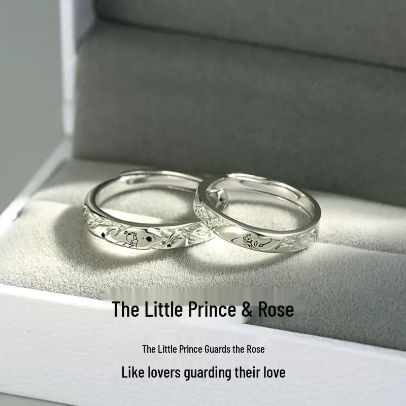The Little Prince & Rose Pure Silver 999 Couple Rings - High-End Gift for Birthday or Qixi