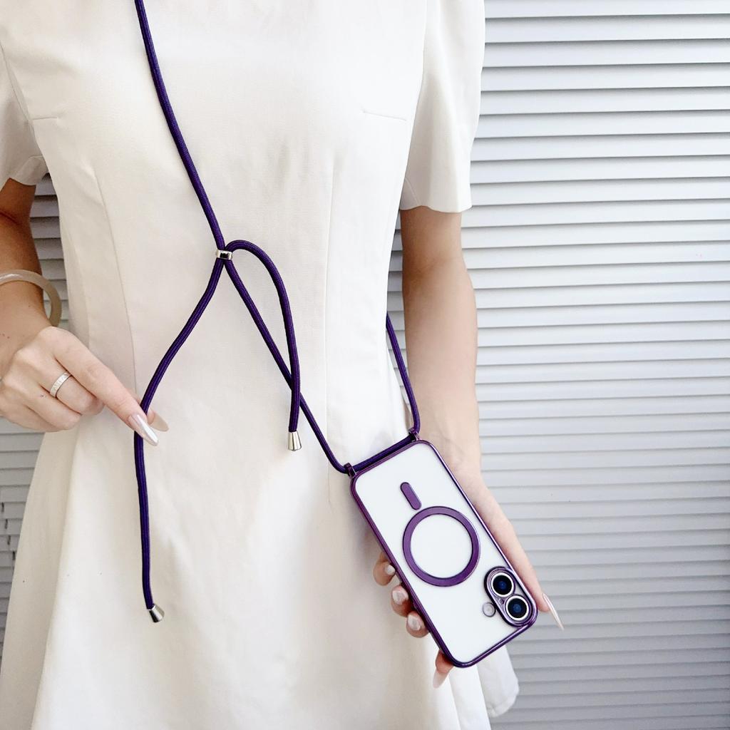 For iPhone 17 Case Compatible with MagSafe Electroplating TPU Phone Cover with Long Lanyard