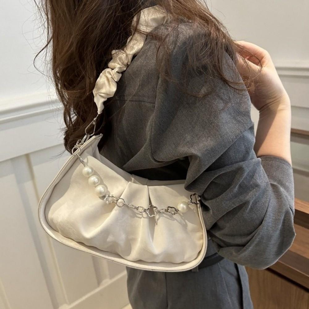 PU Leather Pearl Chain Crossbody Bag Solid Color Pleated Handbag Cloud Shoulder Bag Shopping