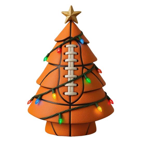 Sports Ball Inspired Christmas Tree Figurine Handcrafted Faux Leather Tree Shaped Tabletop Decoration with Golden Star Topper for Holiday Home Decor