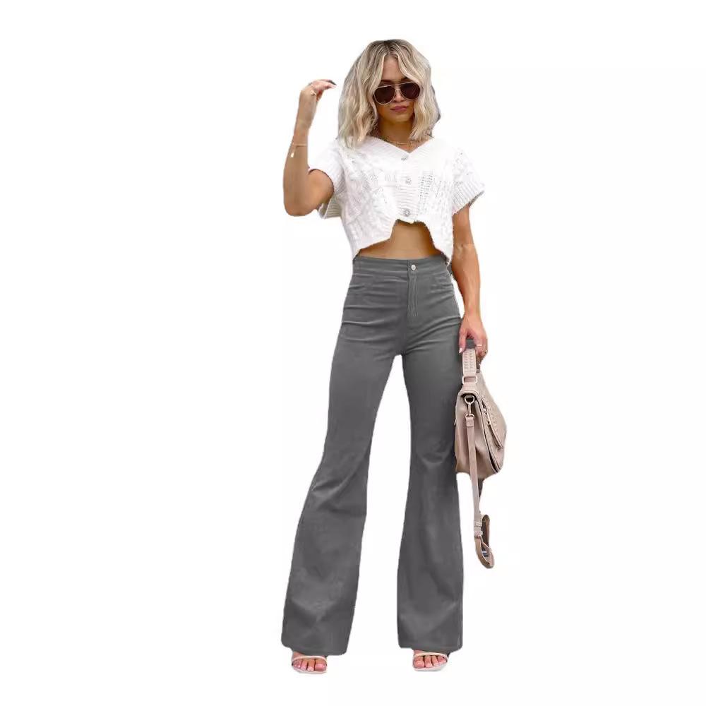 Women's Winter High Waisted Flared Corduroy Pants Solid Color Elegant Stretchy Slim Fit Casual Warm Full Length Bell Bottom Trousers