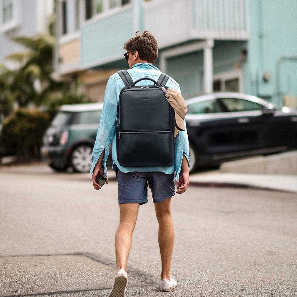 BOPAI Men's Genuine Leather Backpack with Two USB Charging Ports, Waterproof Business Backpack, Stylish Design, Multiple Small Item Pockets, Large