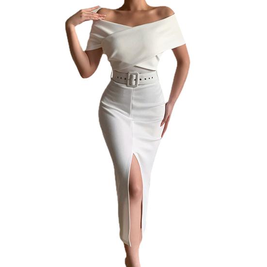 Women Dress Strapless Off Shoulder with Belt Solid Color Party Evening Dress for Office