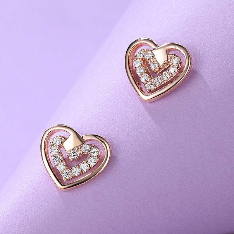 Wish rose gold and white diamond double-layer love stud earrings Korean simple heart-shaped personalized high-end ear jewelry