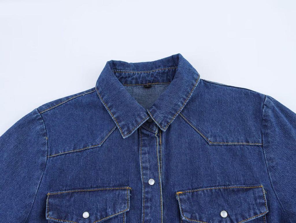 Spring 2025 Women's Denim Set: Turn-Down Collar Shirt & Belted Wide-Leg Jeans