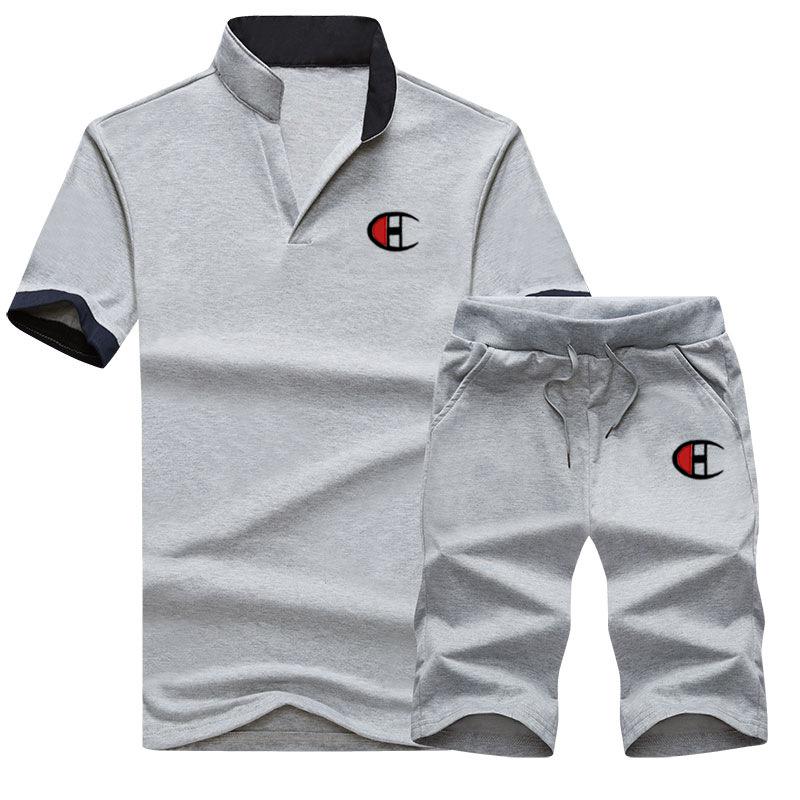 

Чоловічий спортивний одяг, літній повсякденний спортивний одяг, комір-стійка, молодіжний, з короткими рукавами M сірий