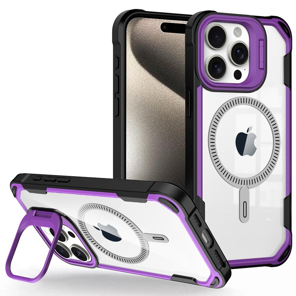 

For iPhone 14 Pro Max Case PC+TPU+Acrylic Back Cover with Lens Kickstand Compatible with MagSafe Purple