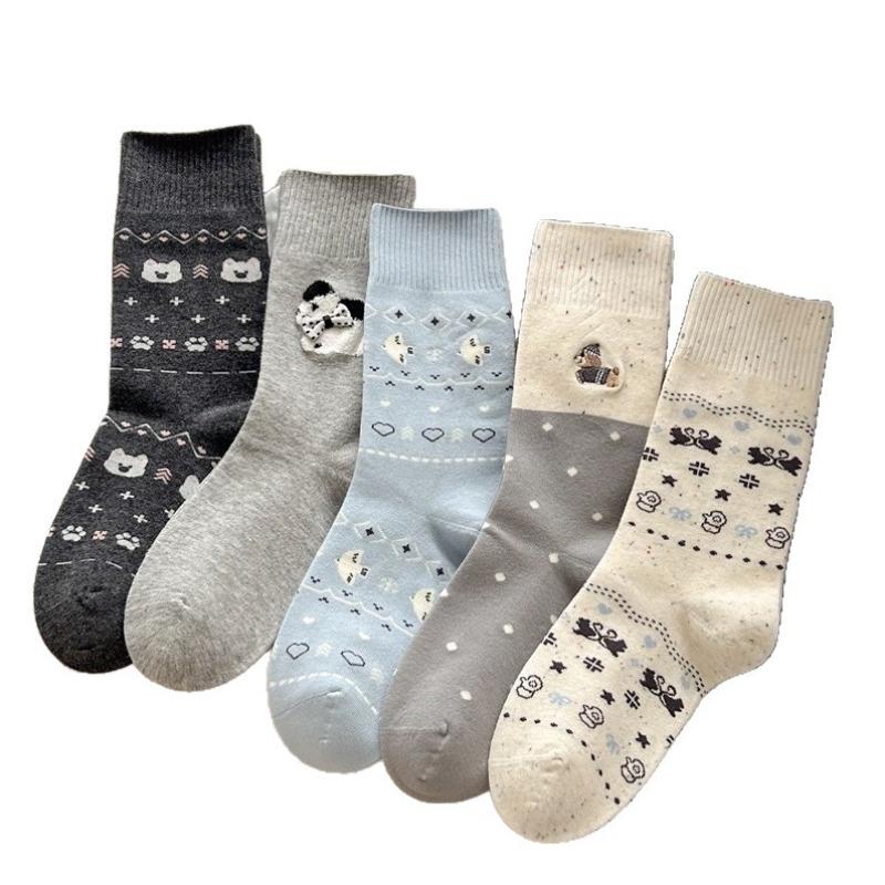 Children's Sock Mid-length Socks for Autumn and Winter, Boneless Pure Cotton Socks with Cartoon Embroidery, Gray Pile-up Socks