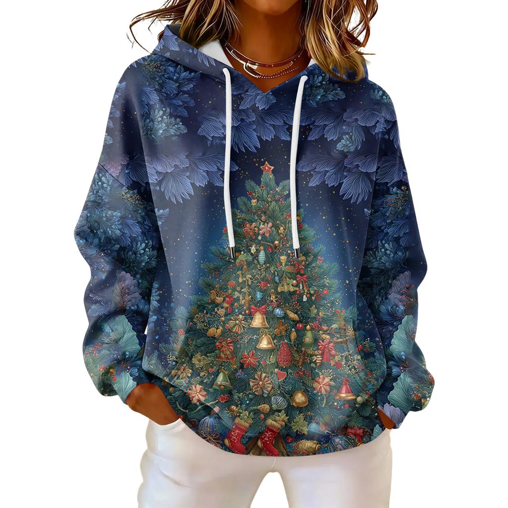 Women's Loose Comfortable Casual Fashion V-Neck Christmas Print Long Sleeve Hoodie