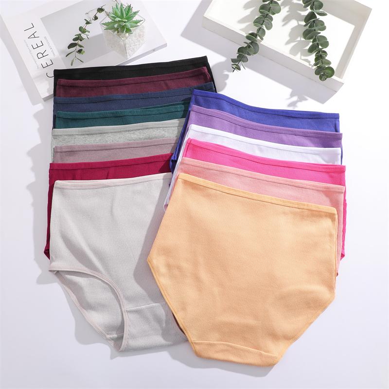 FINETOO Cotton Plus size Underwear Women's Striped High Waist Panties Sexy Elastic belt Breathable Brief 14 Colors Soft Lingerie