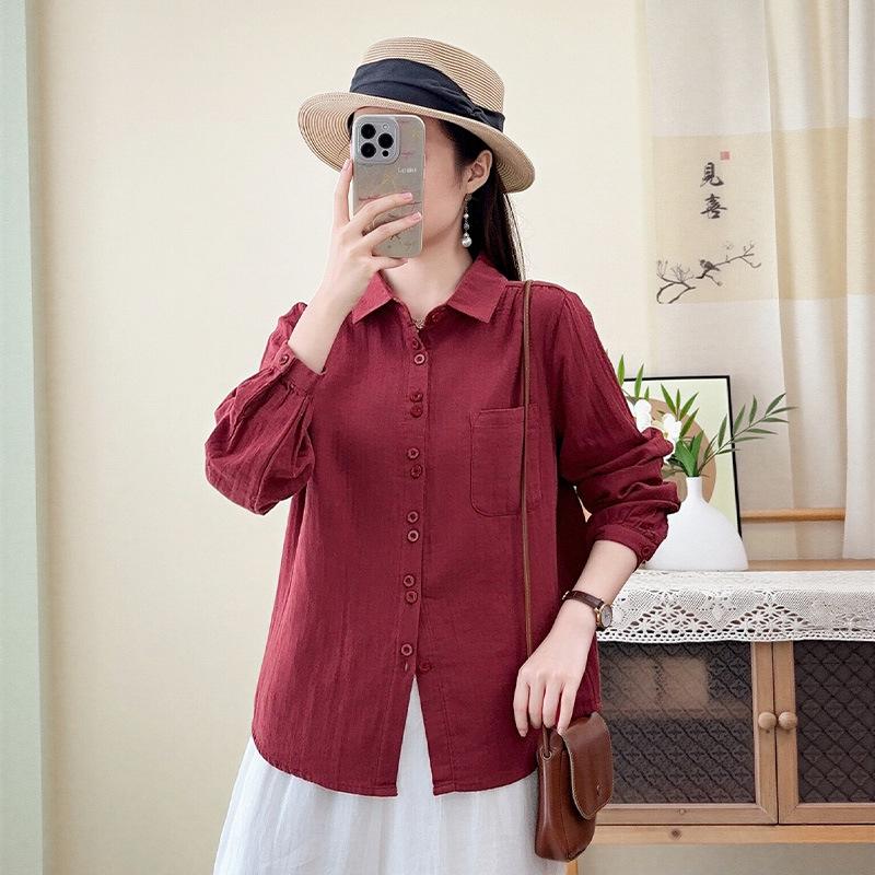 Simple Japanese casual style double-layer cotton yarn pure cotton long-sleeved shirt women's new loose and thin versatile commuter top