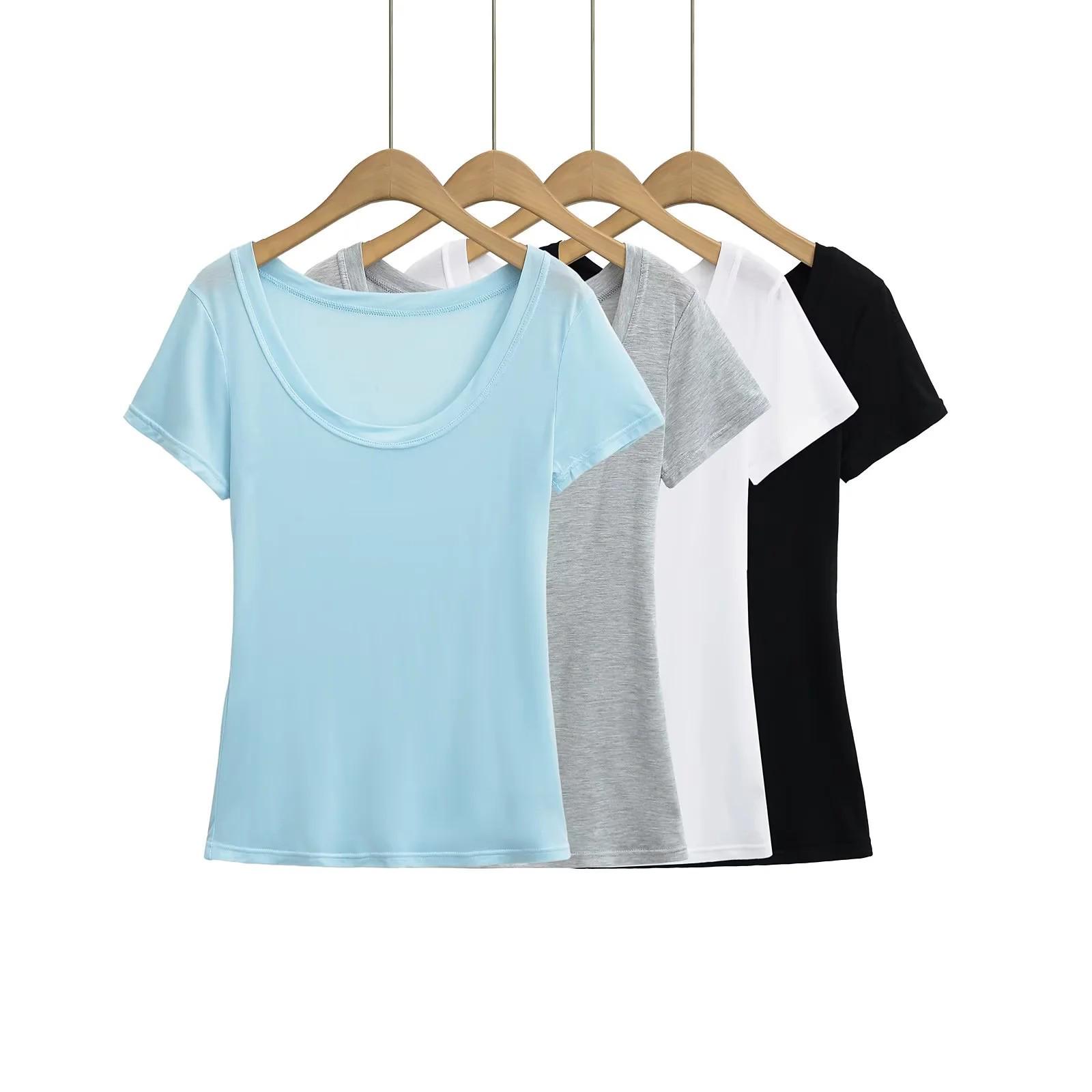 

2025 Summer Women s Lyocell U-Neck Loose-Fit Short-Sleeve Top Small белый