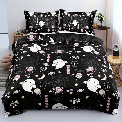 3-teiliges schwarzes Bettwäsche-Set Halloween Geist 3D-Druck Gemütliches Bettbezug-Set King Queen Twin Einzelgröße Geburtstagsgeschenk Schlafzimmerdeko