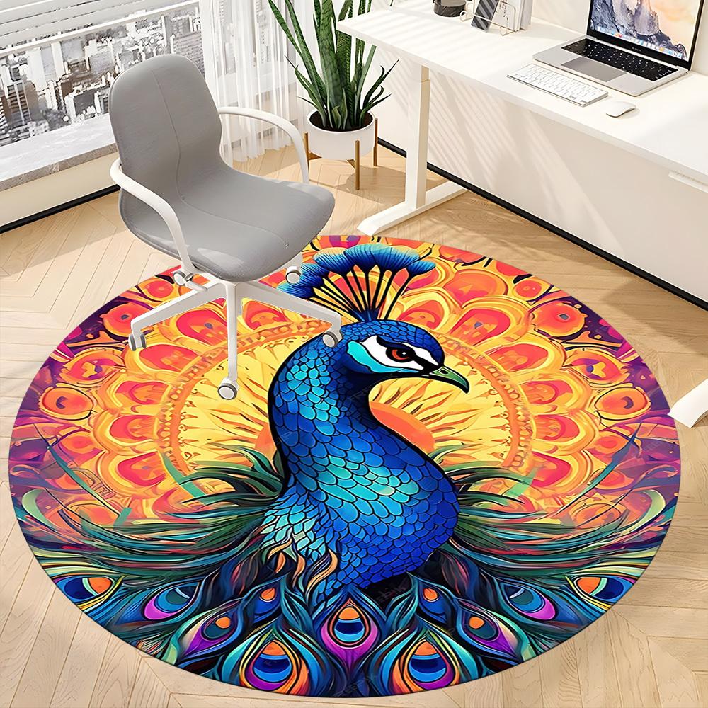 1pc Peacock Mandala Office Round Area Rug, Under Office Chairs Bedroom Living Room Home Decor, Room Deco