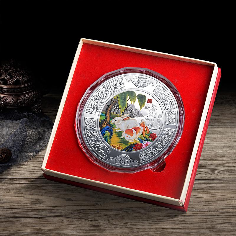 Rabbit Year Commemorative Badge, 1000g, color printed, kilogram badge, Jade Rabbit Offering Auspiciousness, commemorative badge, collectible ornament