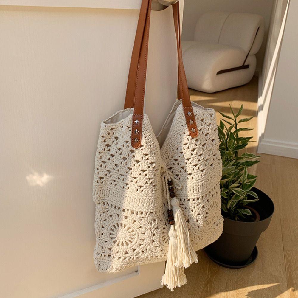 Spring Summer Vacation Crochet Weave Knitted Tote Bag Retro Hollow Out Cotton Thread Shoulder Bag Large Capacity Beach Handbag