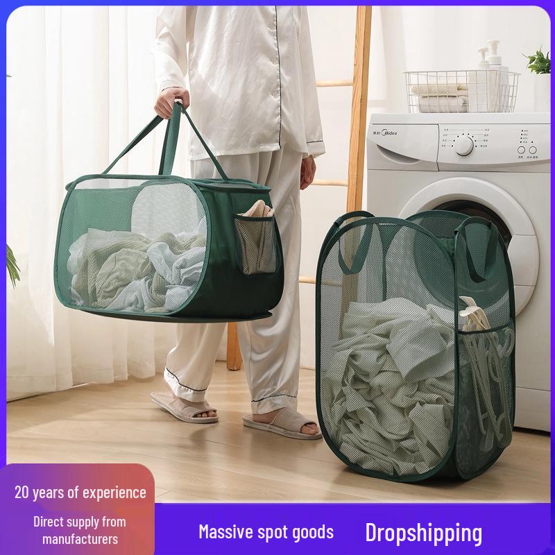 Large Foldable Mesh Laundry Hamper – Bathroom Dirty Clothes Basket Storage