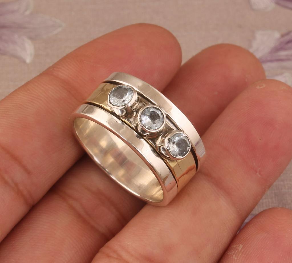 Solidne Srebro Próby 925 Niebieski Topaz Okrągły Kamień Ręcznie Robiona Obracana Obrączka Pierścionek Projektanta Pierścionek Unisex