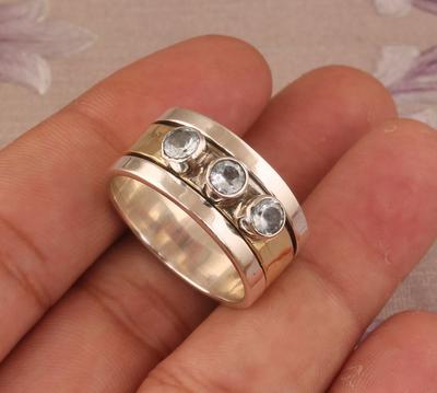 Solid 925 Sterling Silver Blue Topaz Round Stone Handmade Spinner Band Designer Ring Unisex Ring