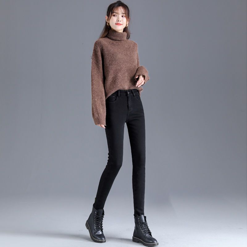 Jeans épais en polaire pour femme, nouveau, taille haute, chauds et fins, élastiques, serrés, polyvalents, pantalon crayon, hiver