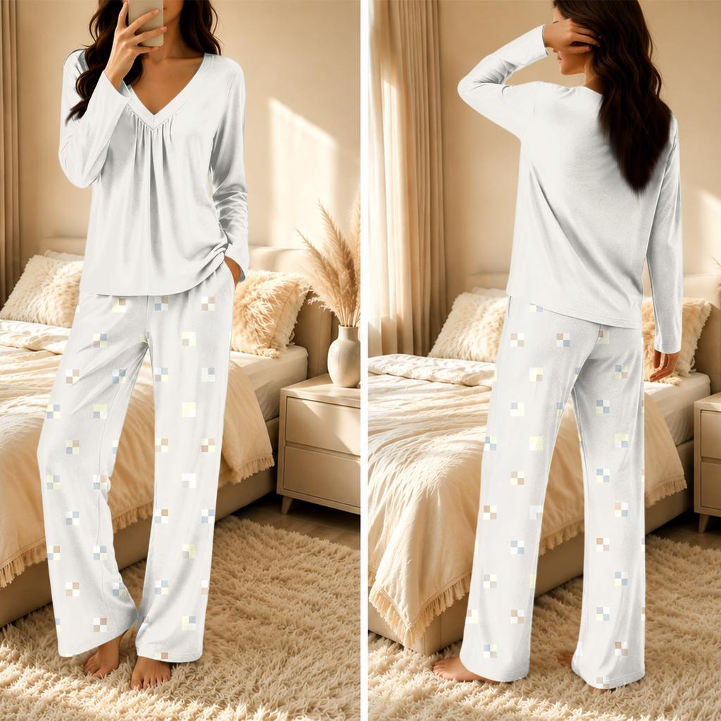 Women's V-Neck Loose Fit Printed Pajama Set Two Piece Sleepwear for Casual