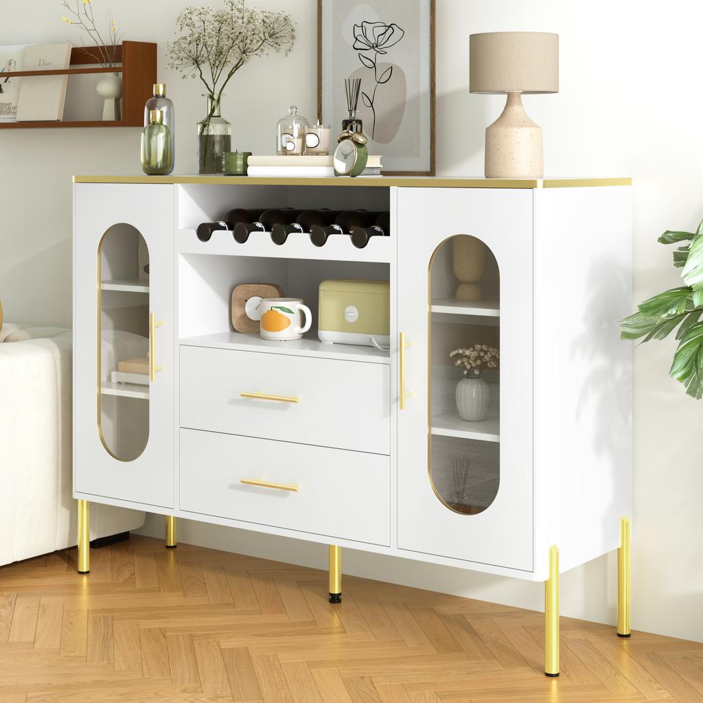 White Sideboard, Glass Fronts & Wine Rack – Sideboard for Dining Room & Living Room – Adjustable Foot – Plenty of Storage & Modern Design