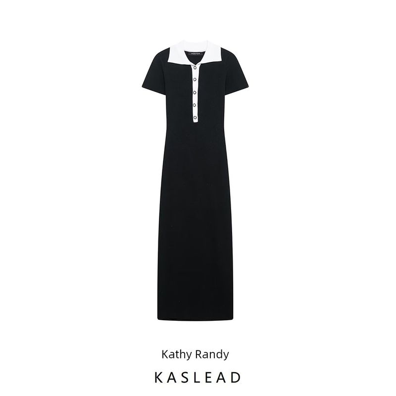 Kaslead New Women clothes Western Style Fashion Patchwork Contrast Color Short sleeve Long Single Breasted Knitted dress