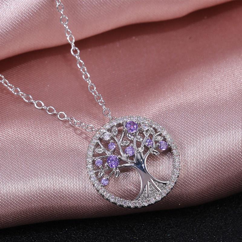 Silver Plated Tree of Life CZ Pendant Necklace, Colorful Crystal Halo Cable Chain Necklace for Women