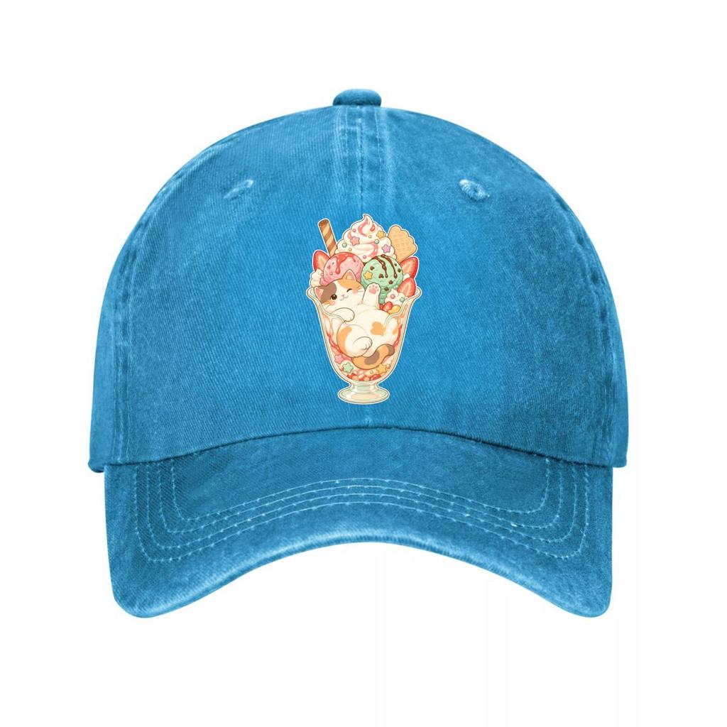 Cute Cat Sundae Dessert Illustration New Vintage Washed Cotton Baseball Cap Sun Hats