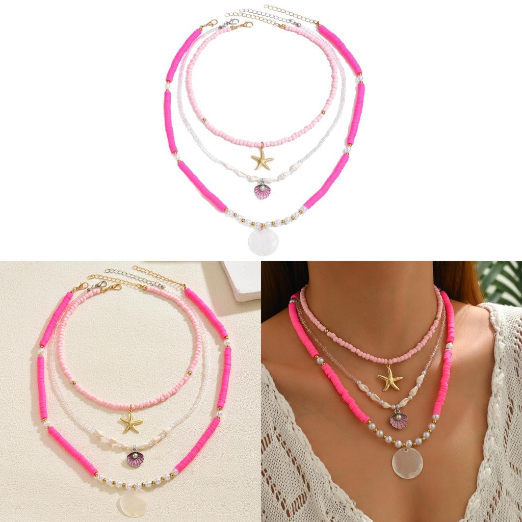 Soft Clay Layered Necklace With Shell Beads And Starfish For Women Summer Style