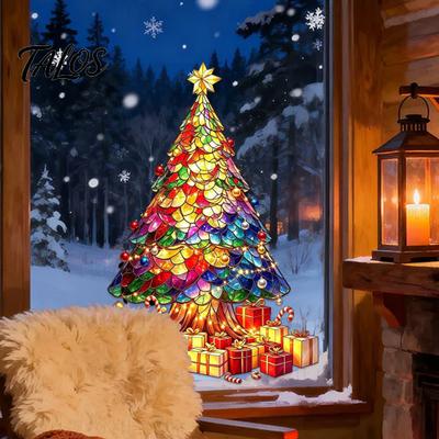 Easy Apply Christmas Decals Stained Glass Style Tree Window Stickers, Removable PVC Static Cling for Transparent Clings Holiday Home Decor, Waterproof