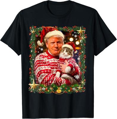 Lustiger Trump-Weihnachtspullover für Katzenliebhaber, Weihnachtspyjama-T-Shirt