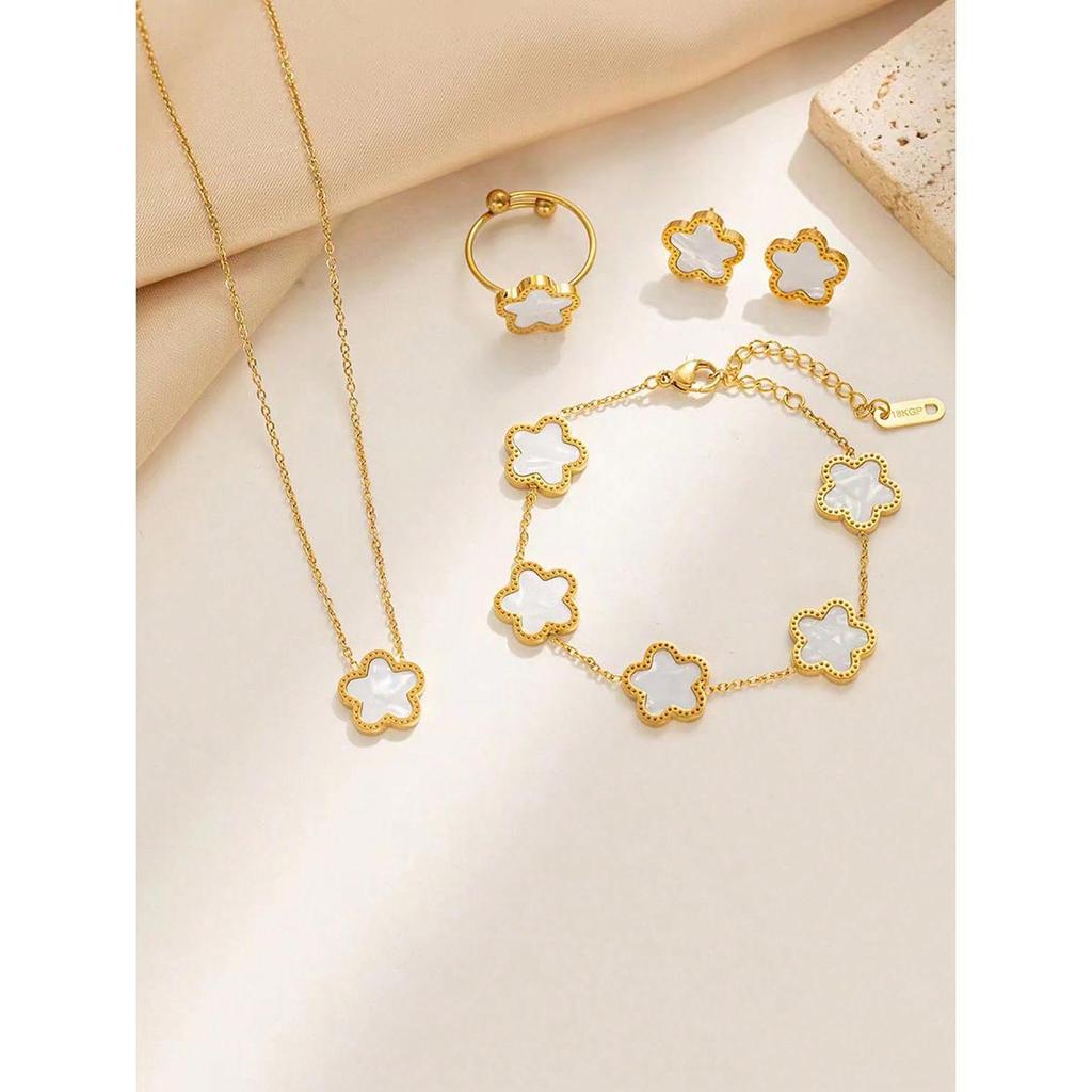Anti Tarnish Jewellery Latest Stylish Clover Ring Earrings Bracelet Chain Pendant Combo Gifts Necklace Jewellery Set for Women & Girls