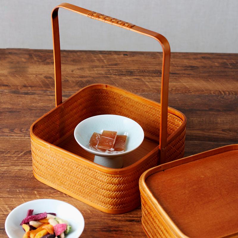 Retro Bamboo Woven Basket for Tea Set Storage | Bamboo Handle Food Container | Chinese Gongfu Tea Storage Box