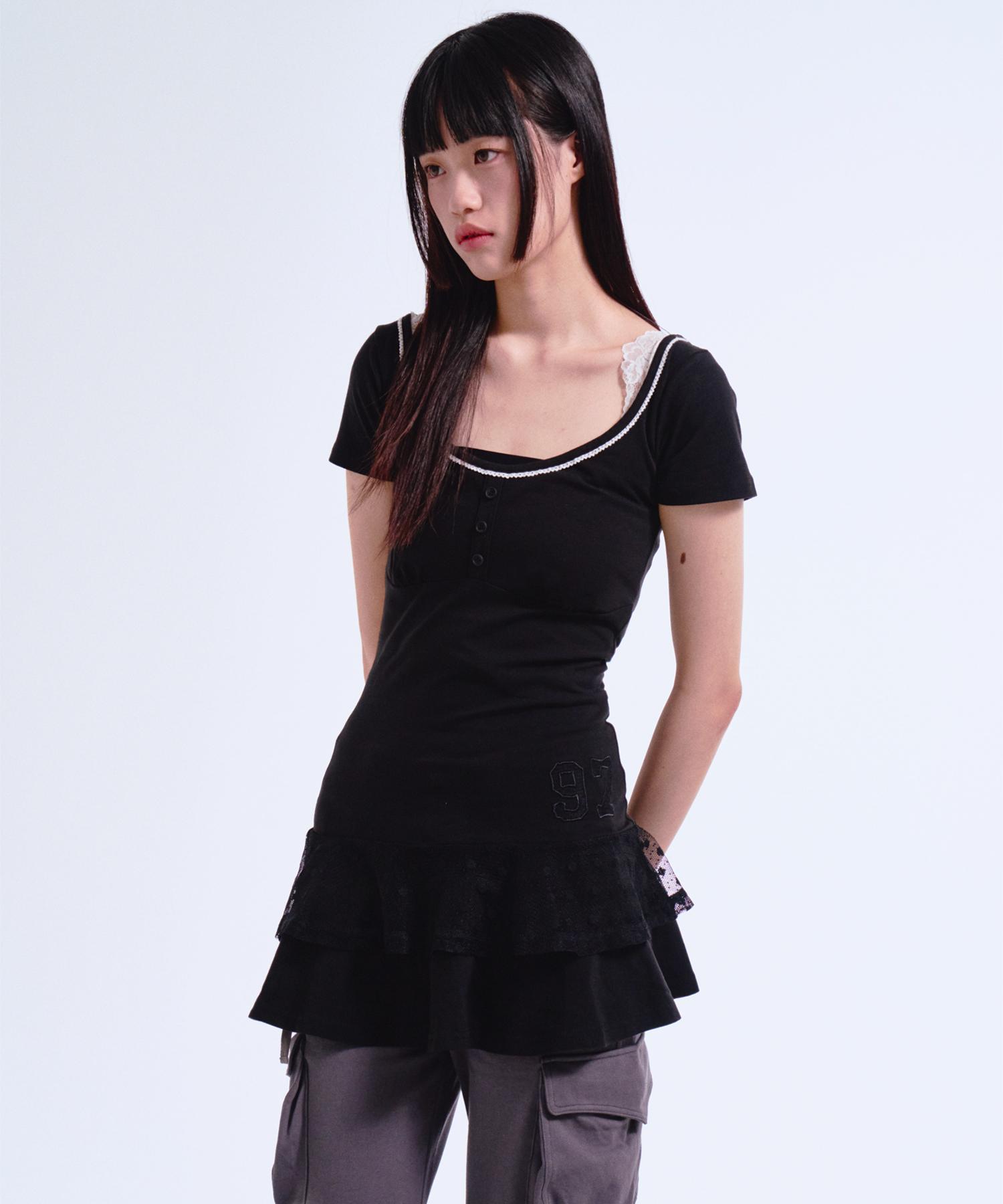 Prenda Shirring Lace Frill Tee Black Reference/Free