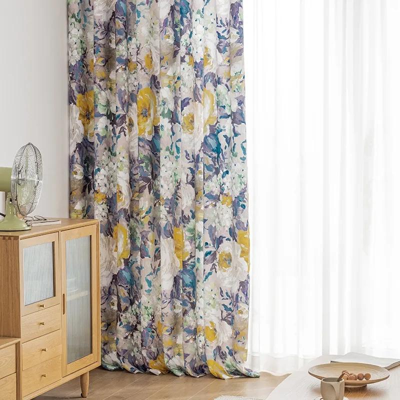 Olejomalba na záclony v americkém stylu Retro květinová záclona Ložnice Balkon Okno Podlaha Zastínění Tyč na záclony