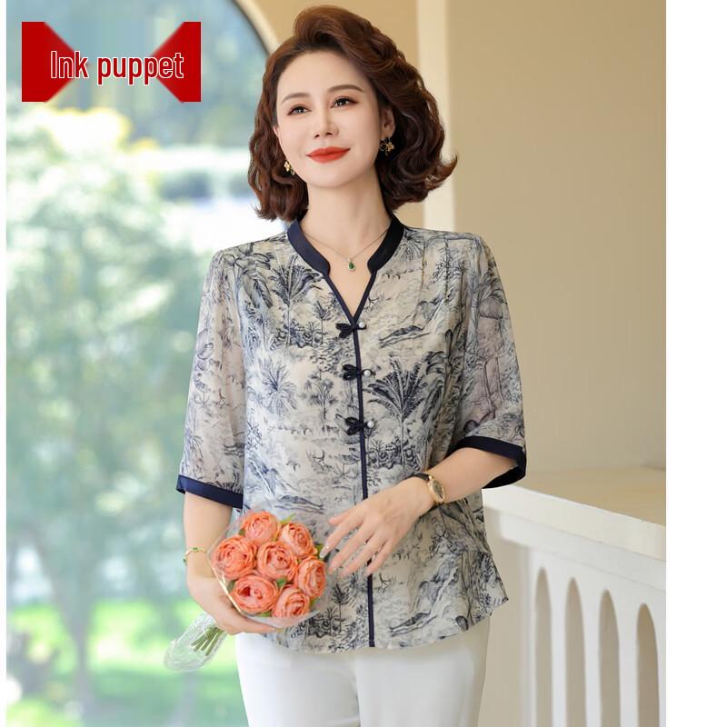 

Moyou Women s V-Neck Printed Frog Button Short Sleeve Top 2XL