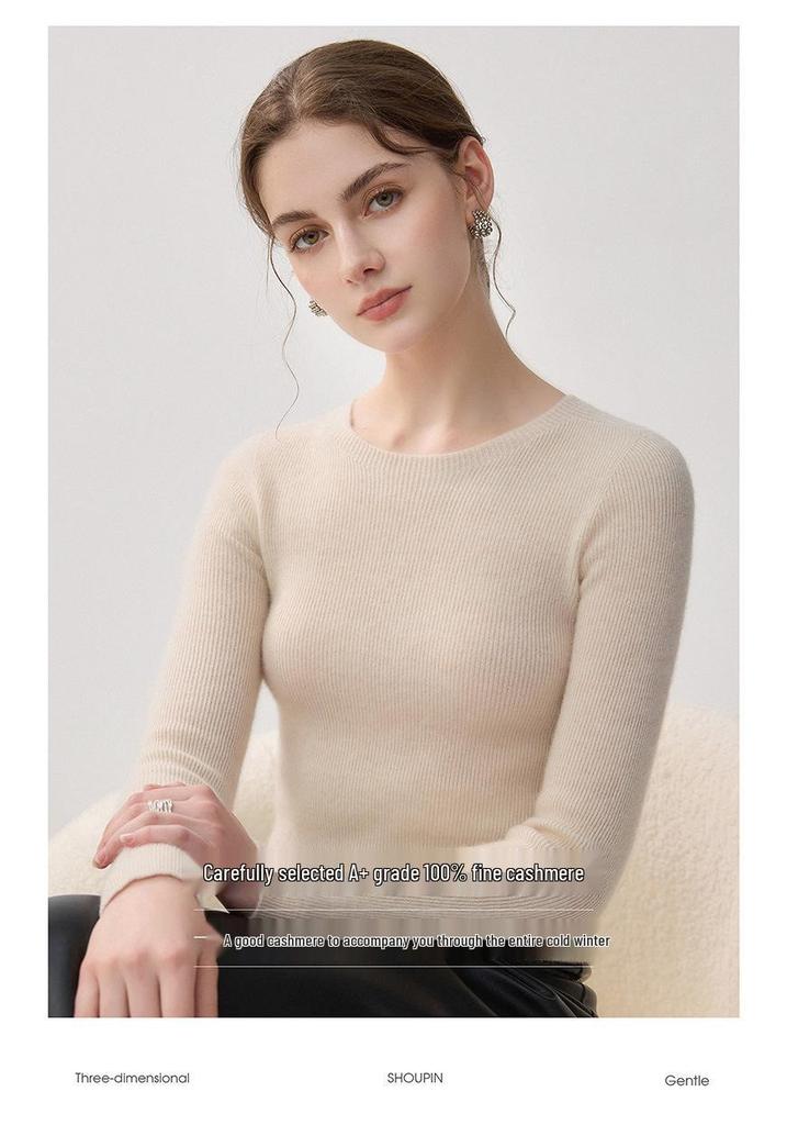 100% Pure Cashmere Slim Fit Women's Round Neck Knit Sweater for Autumn and Winter