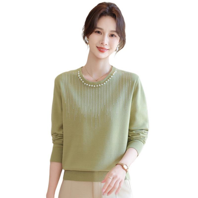 Mom's Spring and Autumn Long Sleeve Beaded Crew Neck Sweater New Small Shirt Middle Elderly Women's Knitted Top