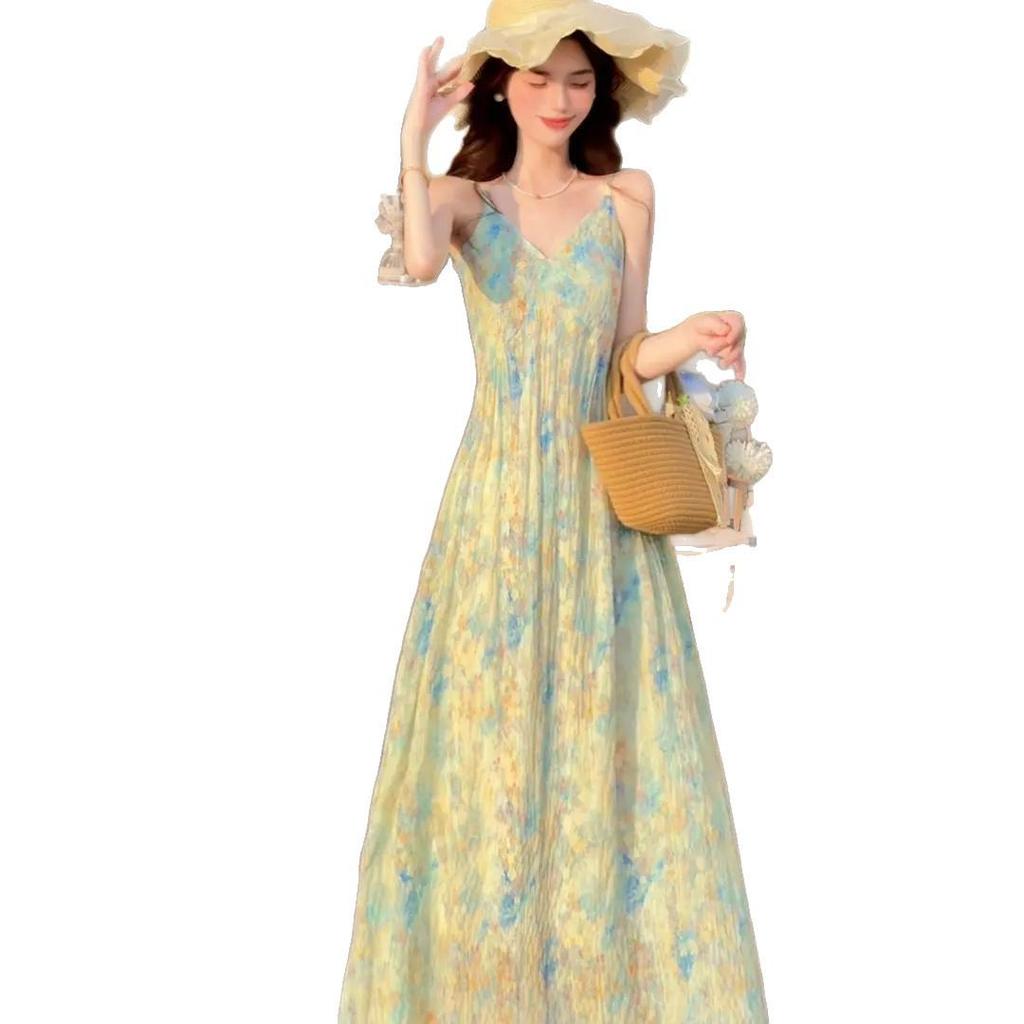 2025 Summer Floral Print Maxi Camisole Dress: Commuter Style with Patchwork Design for Women