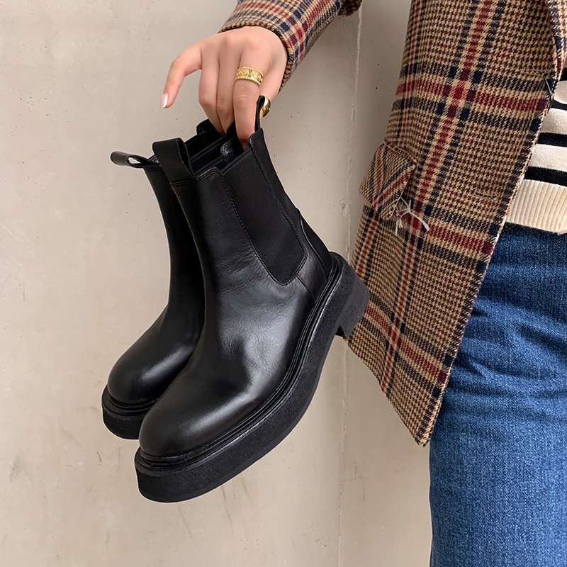 Krazing Pot Cow Leather Autumn Winter Shoes Round Toe Med Heels Slip On Concise Style Women Ankle Boots