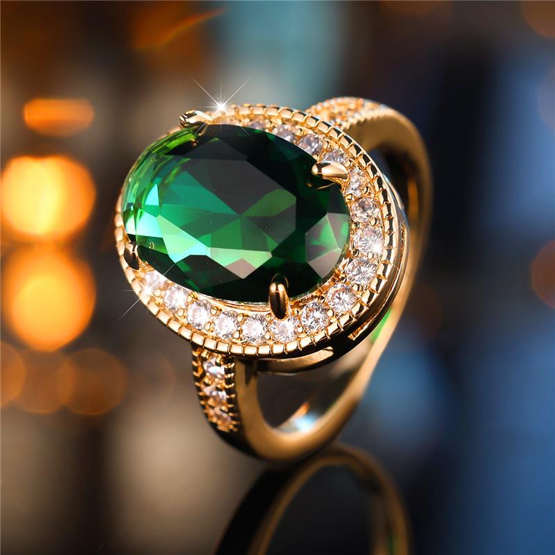 Cute Female Big Oval Green Zircon Stone Engagement Ring Vintage Gold Color Wedding Jewelry For Women