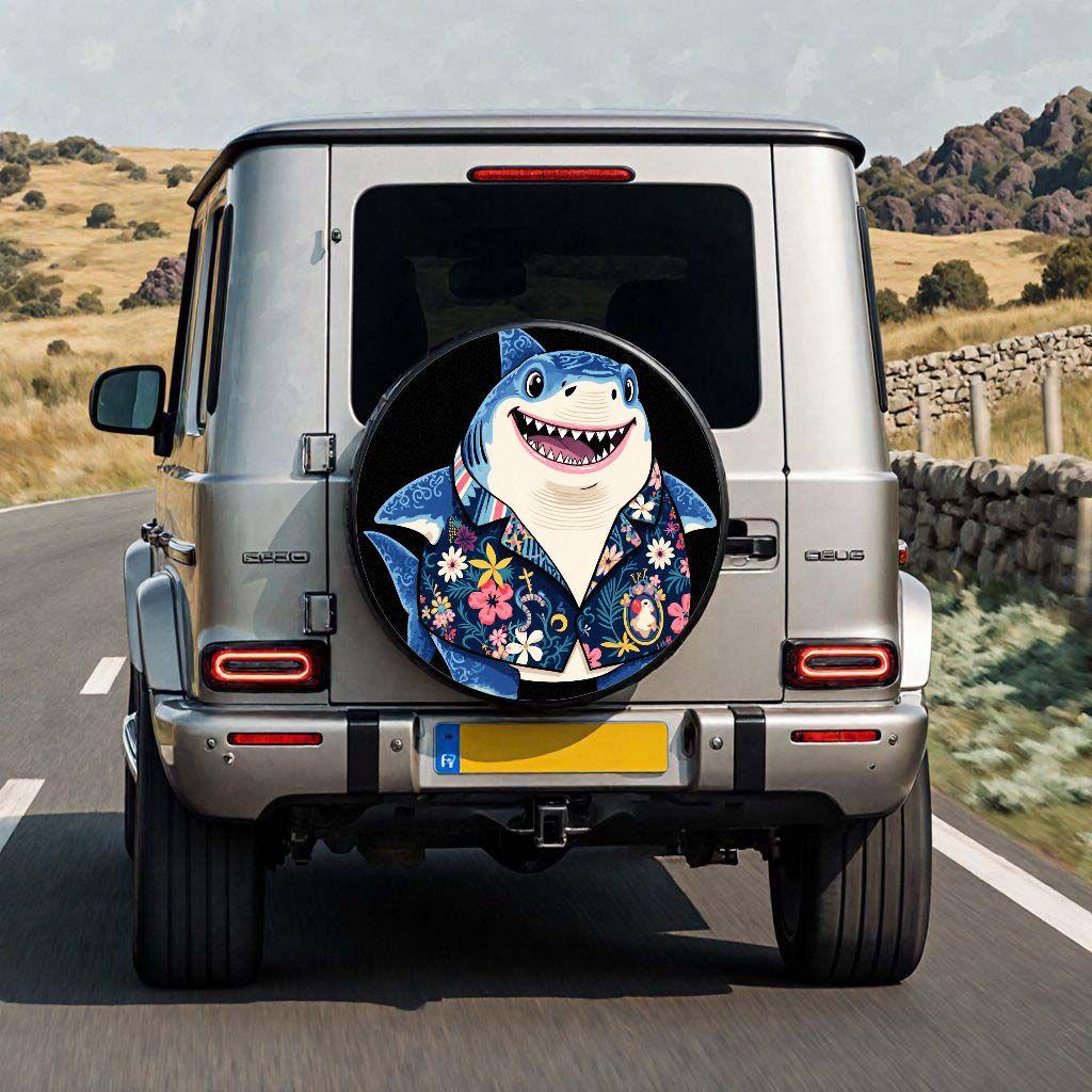 Shark Hawaiian Hibiscus Tire Cover Durable UV Resistant SUV RV Trailer Wheel Cover Accessory