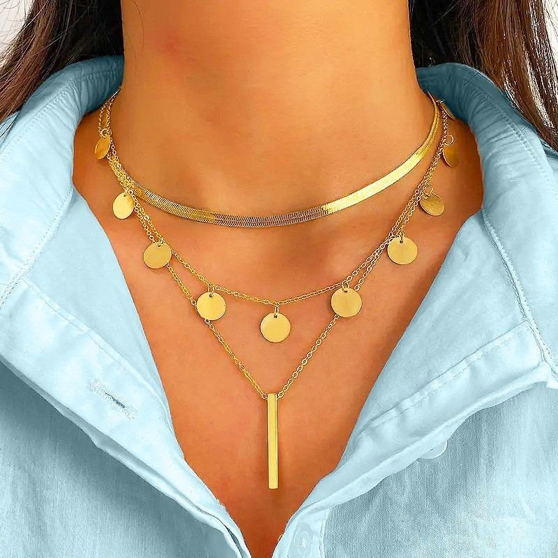 New Multi-layer Stacked Disc Tassel One-word Necklace Women's Small Vertical Strip Pendant Collarbone Chain Jewelry Batch