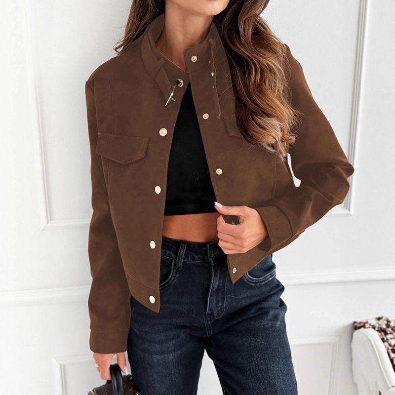Fashion Style Spring & Fall Women's Stand Collar Long Sleeve Coat Loose Casual Jacket Top Deerskin Velvet Short Jacket for Slight-Figured Women Tide