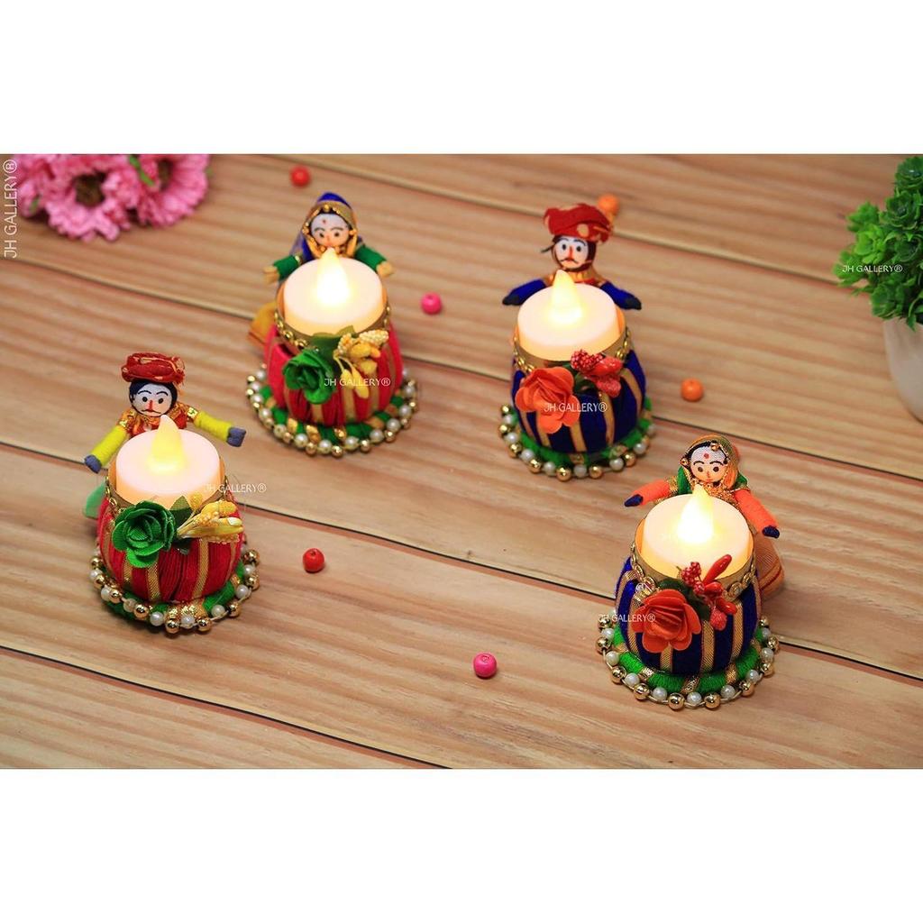 Recycled Material Rajasthani Raja Rani Puppet/Dolls Decorative Tealight Candle Holder (Pack of 2)