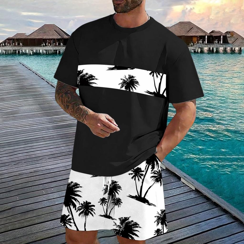 Men's Casual Two Piece Set Short Sleeve T Shirt and Elastic Waist Drawstring Shorts Summer Outfit Lightweight Comfortable Fit