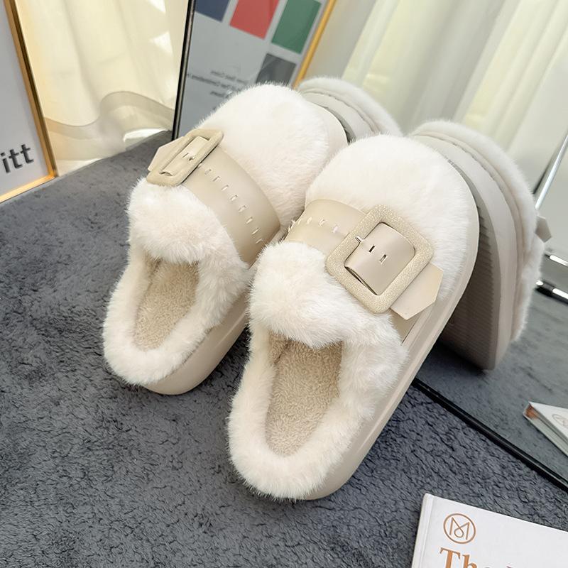 Fashion 2025 Autumn Winter Fashion Buckle Strap Slippers Home Cotton Shoes Women Indoor Fluffy Plush Warm Platform House Slippers