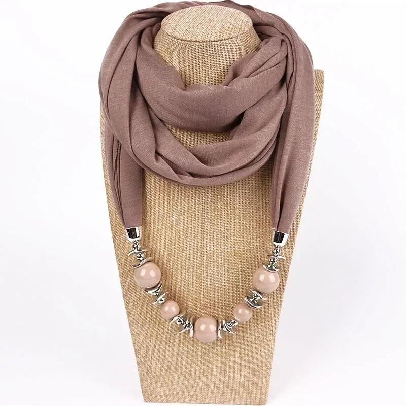 Fashion Vintage Scarf Necklace Ethnic Chiffon Solid Color Tassel Gorgeous Beaded Pendant Jewelry Necklace Scarf Accessories Gift